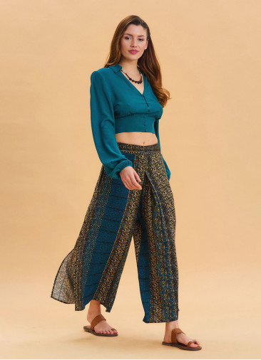 Elasticated Waistband with Slit Detail  Petrol Blue Wide Leg Trousers 4840